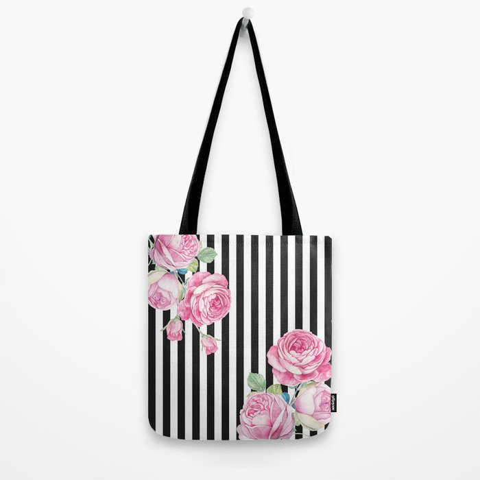 Black white blush pink watercolor floral stripes Tote Bag Gallery Image 2