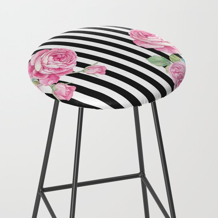 Black white blush pink watercolor floral stripes Stool Gallery Image 2