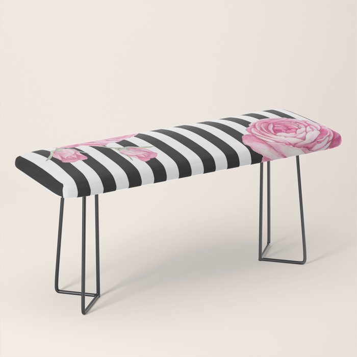 Black white blush pink watercolor floral stripes Bench Gallery Image 1