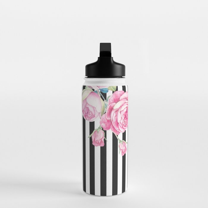 Black white blush pink watercolor floral stripes Water Bottle Gallery Image 3