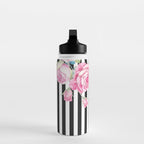 Black white blush pink watercolor floral stripes Water Bottle Gallery Image 3