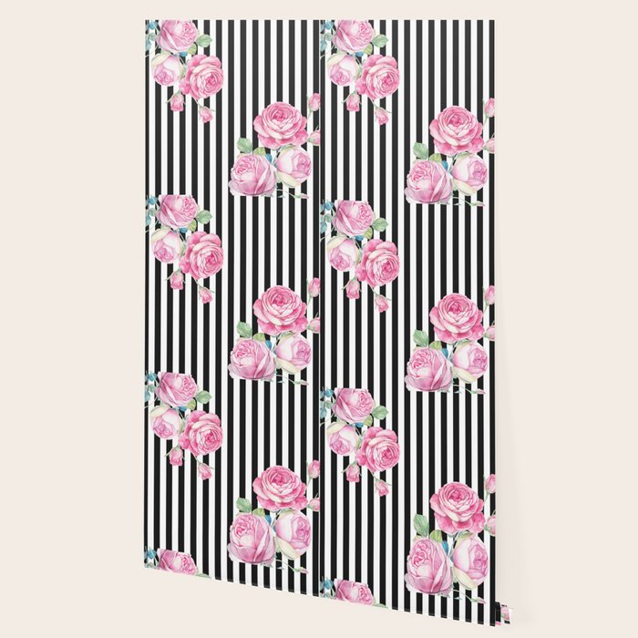 Black white blush pink watercolor floral stripes Wallpaper Gallery Image 2