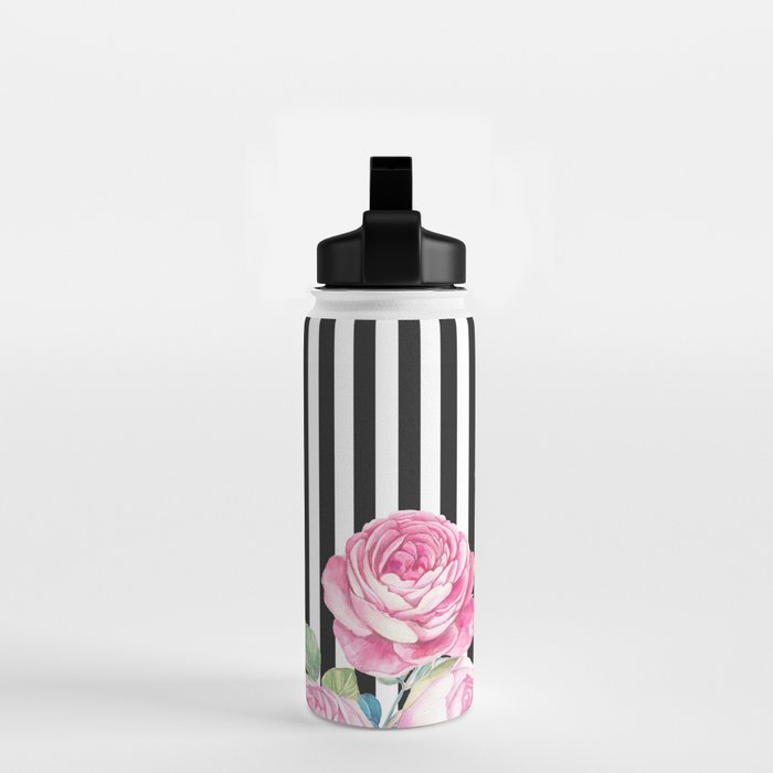 Black white blush pink watercolor floral stripes Water Bottle Gallery Image 2