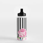 Black white blush pink watercolor floral stripes Water Bottle Gallery Image 2