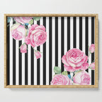 Black white blush pink watercolor floral stripes Serving Tray Gallery Image 1