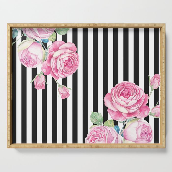 Black white blush pink watercolor floral stripes Serving Tray Gallery Image 1