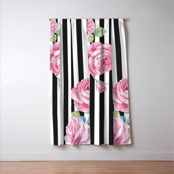 Black white blush pink watercolor floral stripes Window Curtain Gallery Image 3
