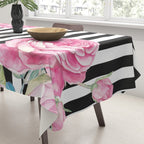 Black white blush pink watercolor floral stripes Tablecloth Gallery Image 3