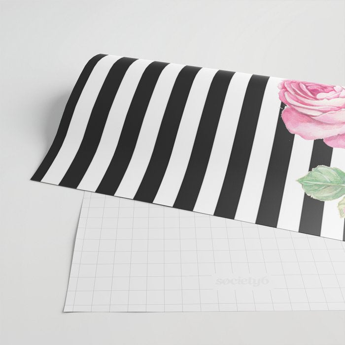 Black white blush pink watercolor floral stripes Wrapping Paper Gallery Image 2
