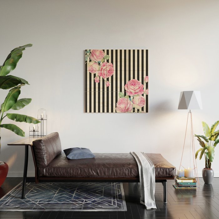 Black white blush pink watercolor floral stripes Wood Wall Art Gallery Image 2