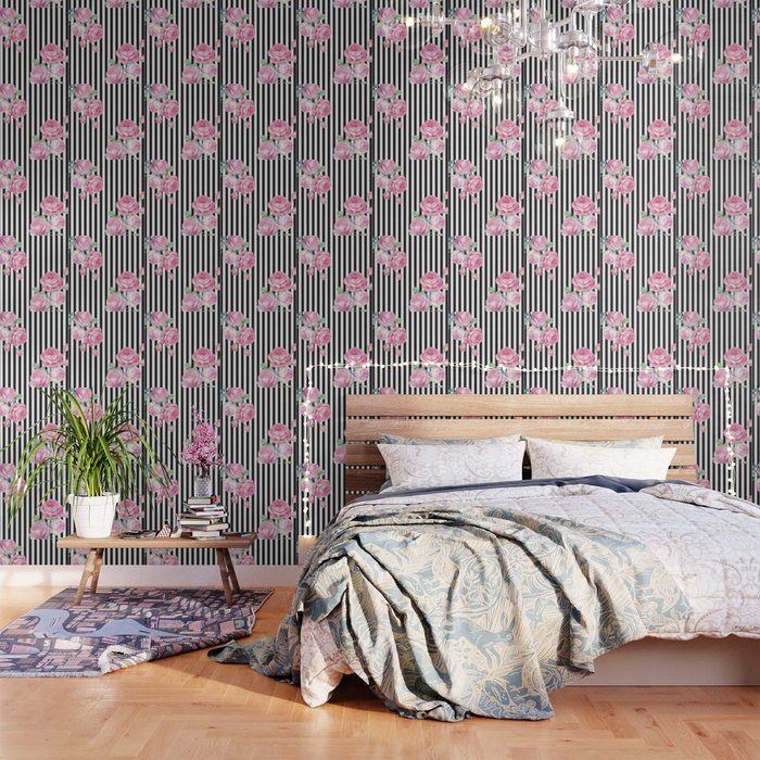 Black white blush pink watercolor floral stripes Wallpaper Gallery Image 1