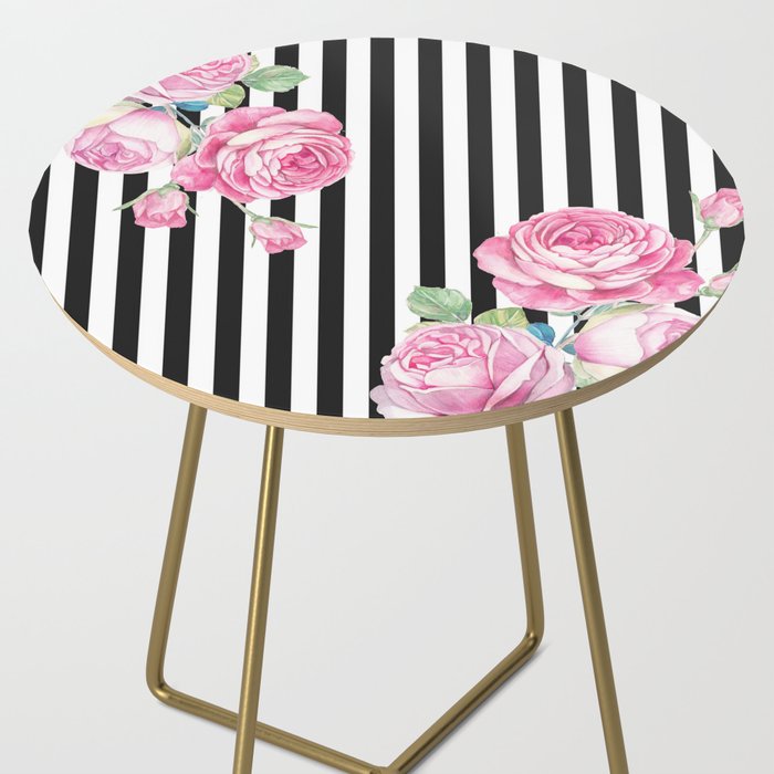 Black white blush pink watercolor floral stripes Side Table Gallery Image 2