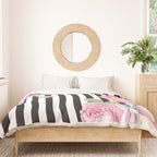 Black white blush pink watercolor floral stripes Duvet Cover Gallery Image 3