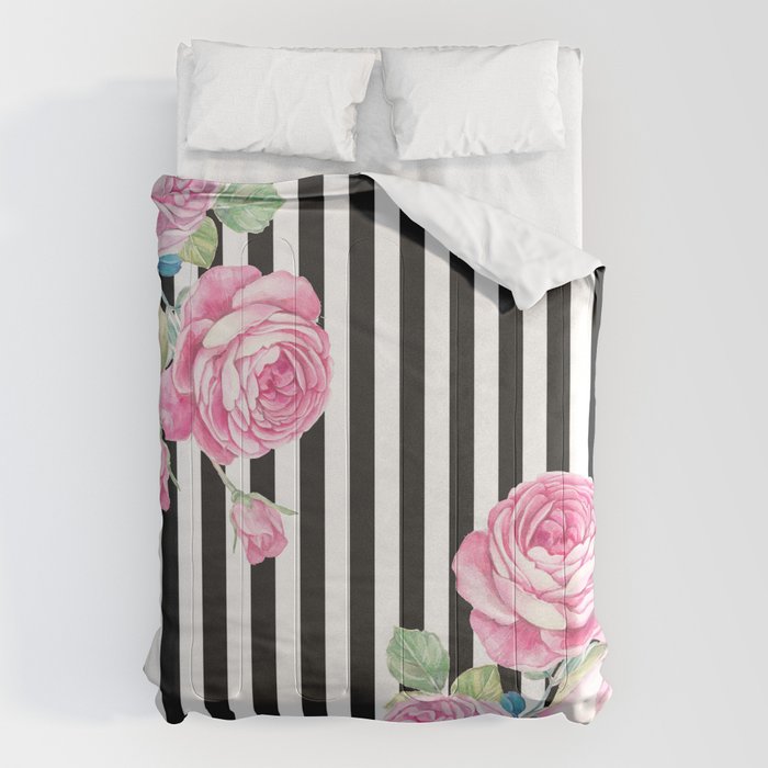 Black white blush pink watercolor floral stripes Comforter Gallery Image 6