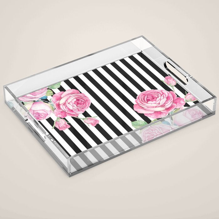 Black white blush pink watercolor floral stripes Acrylic Tray Gallery Image 1