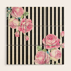 Black white blush pink watercolor floral stripes Wood Wall Art Gallery Image 1