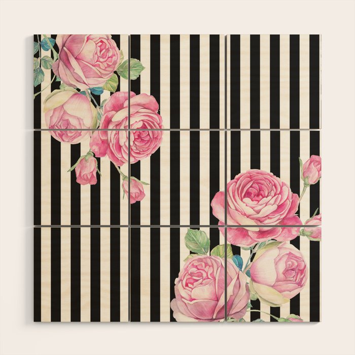 Black white blush pink watercolor floral stripes Wood Wall Art Gallery Image 1