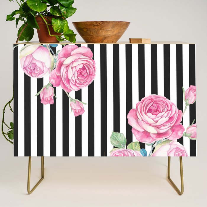 Black white blush pink watercolor floral stripes Credenza Gallery Image 1