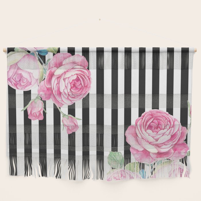 Black white blush pink watercolor floral stripes Wall Hanging Gallery Image 1