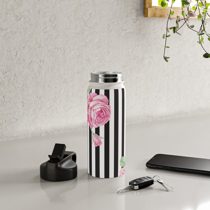 Black white blush pink watercolor floral stripes Water Bottle Gallery Image 4