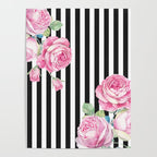 Black white blush pink watercolor floral stripes Poster Gallery Image 4