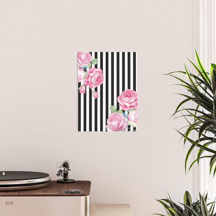 Black white blush pink watercolor floral stripes Poster Gallery Image 2