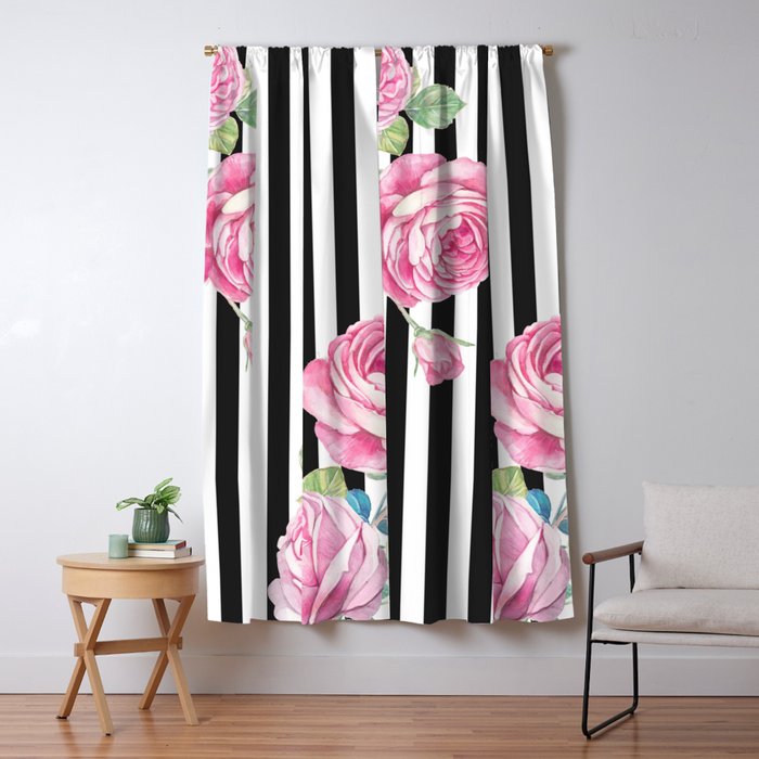 Black white blush pink watercolor floral stripes Window Curtain Gallery Image 5