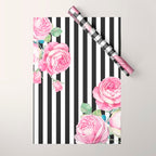 Black white blush pink watercolor floral stripes Wrapping Paper Gallery Image 1