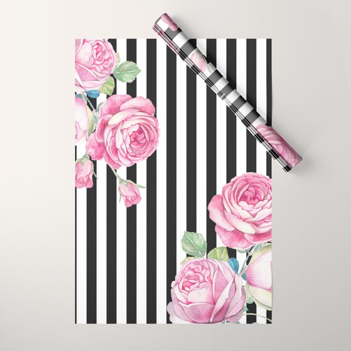 Black white blush pink watercolor floral stripes Wrapping Paper Gallery Image 1