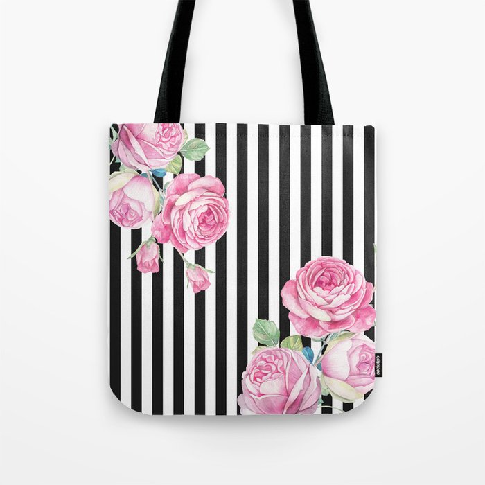 Black white blush pink watercolor floral stripes Tote Bag Gallery Image 1