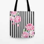 Black white blush pink watercolor floral stripes Tote Bag Gallery Image 1