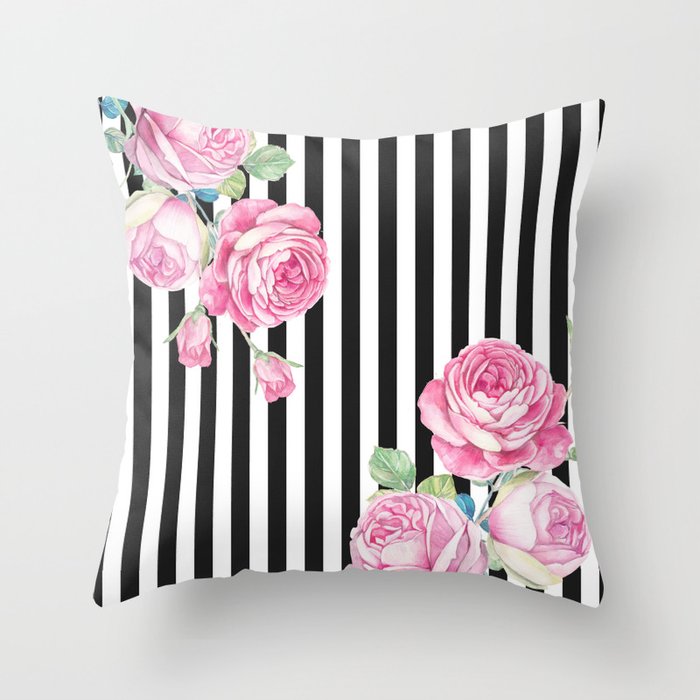 Black white blush pink watercolor floral stripes Throw Pillow Gallery Image 6