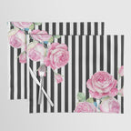 Black white blush pink watercolor floral stripes Placemat Gallery Image 1