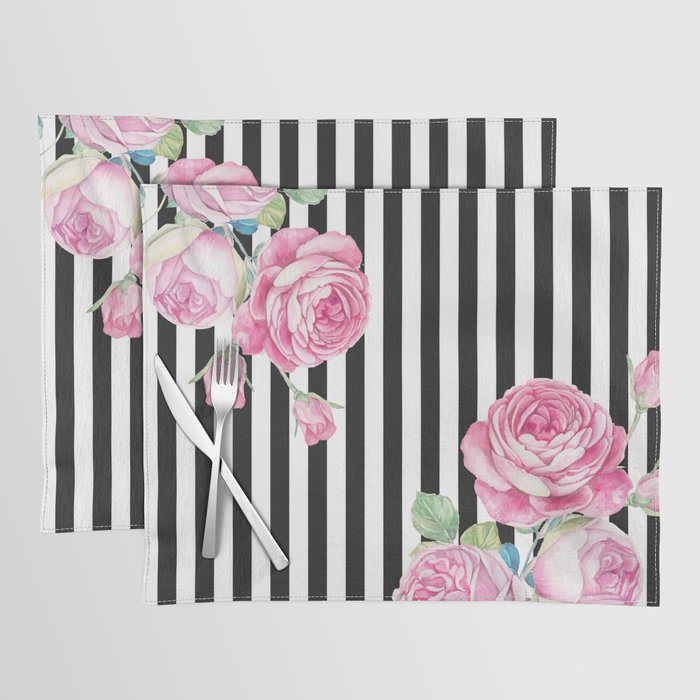 Black white blush pink watercolor floral stripes Placemat Gallery Image 1