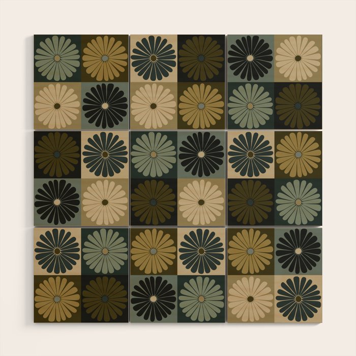 Retro Flowers Check Pattern V Wood Wall Art Gallery Image 1