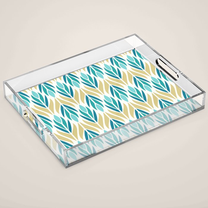 Mid Century Modern Abstract Floral Pattern in Turquoise Teal Aqua and Marigold Acrylic Tray Gallery Image 1