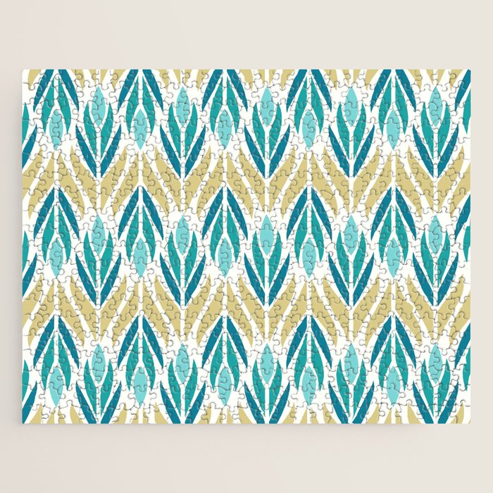 Mid Century Modern Abstract Floral Pattern in Turquoise Teal Aqua and Marigold Jigsaw Puzzle Gallery Image 1