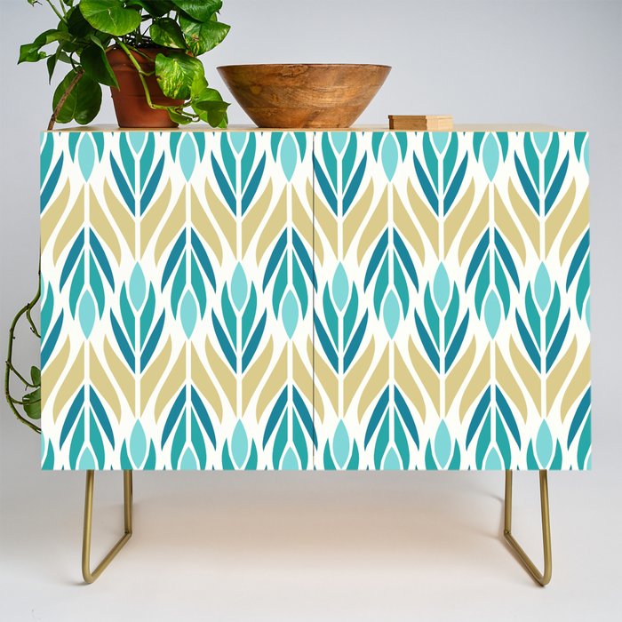 Mid Century Modern Abstract Floral Pattern in Turquoise Teal Aqua and Marigold Credenza Gallery Image 1