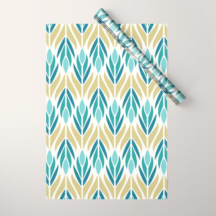 Mid Century Modern Abstract Floral Pattern in Turquoise Teal Aqua and Marigold Wrapping Paper Gallery Image 1