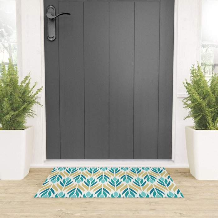 Mid Century Modern Abstract Floral Pattern in Turquoise Teal Aqua and Marigold Welcome Mat Gallery Image 3