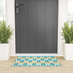 Mid Century Modern Abstract Floral Pattern in Turquoise Teal Aqua and Marigold Welcome Mat Gallery Image 3