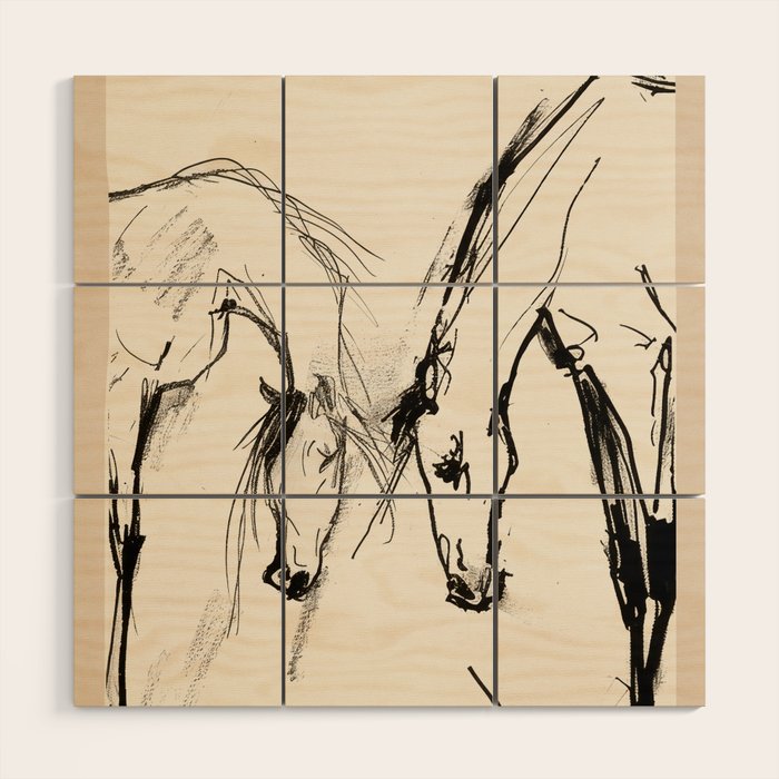 Two Horses - Minimal Line Drawing Wood Wall Art Gallery Image 1