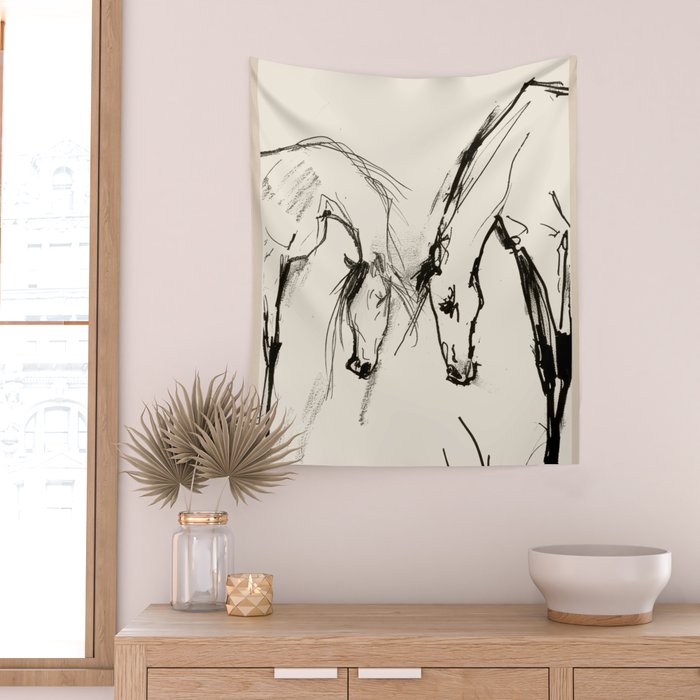 Two Horses - Minimal Line Drawing Wall Tapestry Gallery Image 2