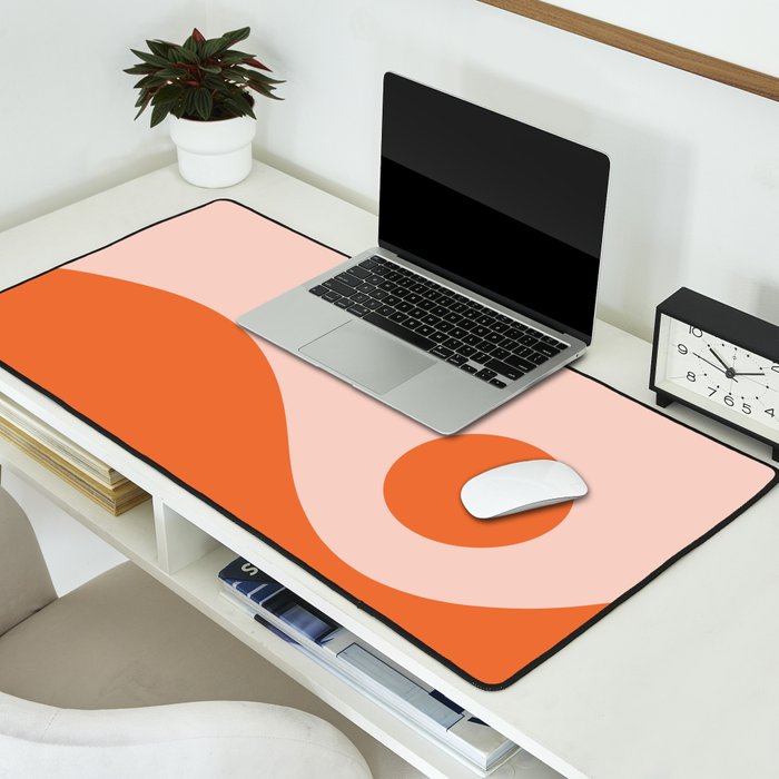 Nami Minimalist Wave and Sun Abstract in Pale Blush Pink and Orange Desk Mat Gallery Image 2