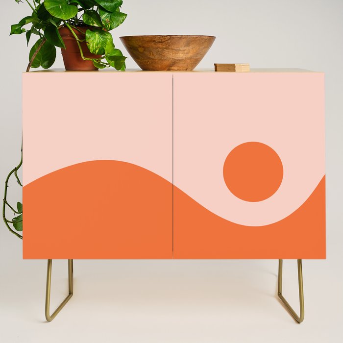 Nami Minimalist Wave and Sun Abstract in Pale Blush Pink and Orange Credenza Gallery Image 1