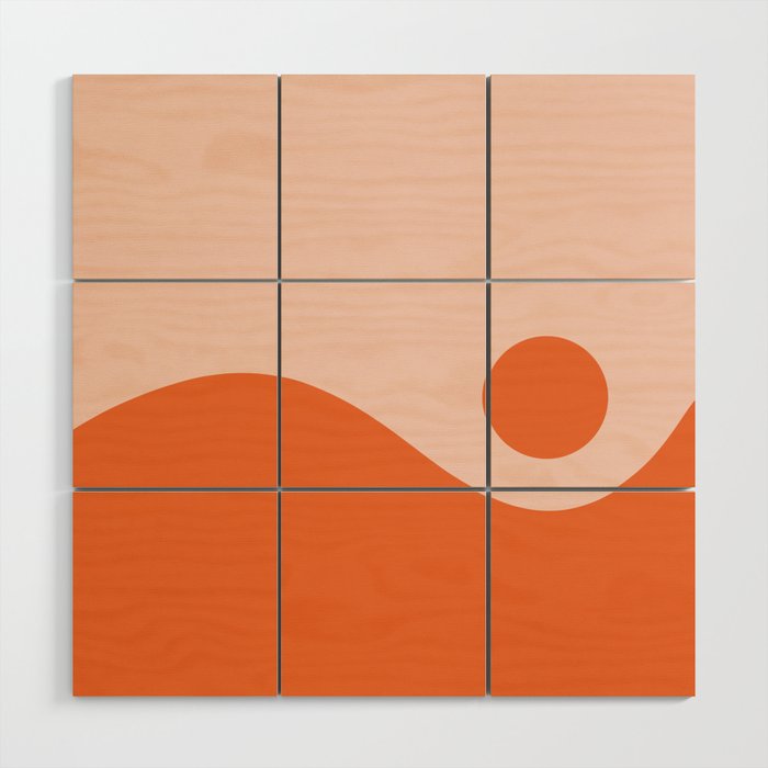 Nami Minimalist Wave and Sun Abstract in Pale Blush Pink and Orange Wood Wall Art Gallery Image 1