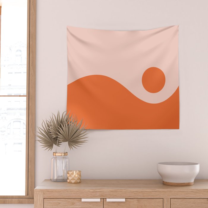 Nami Minimalist Wave and Sun Abstract in Pale Blush Pink and Orange Wall Tapestry Gallery Image 2
