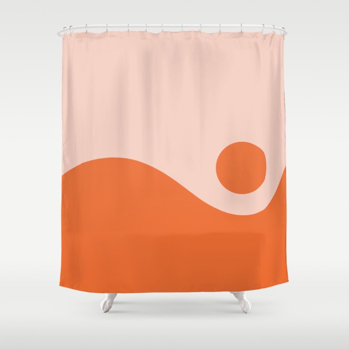 Nami Minimalist Wave and Sun Abstract in Pale Blush Pink and Orange Shower Curtain Gallery Image 1
