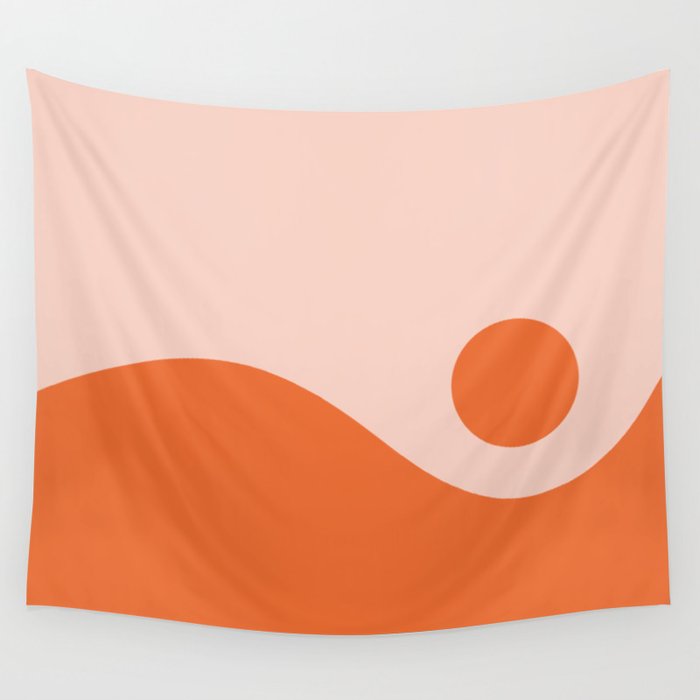 Nami Minimalist Wave and Sun Abstract in Pale Blush Pink and Orange Wall Tapestry Gallery Image 1