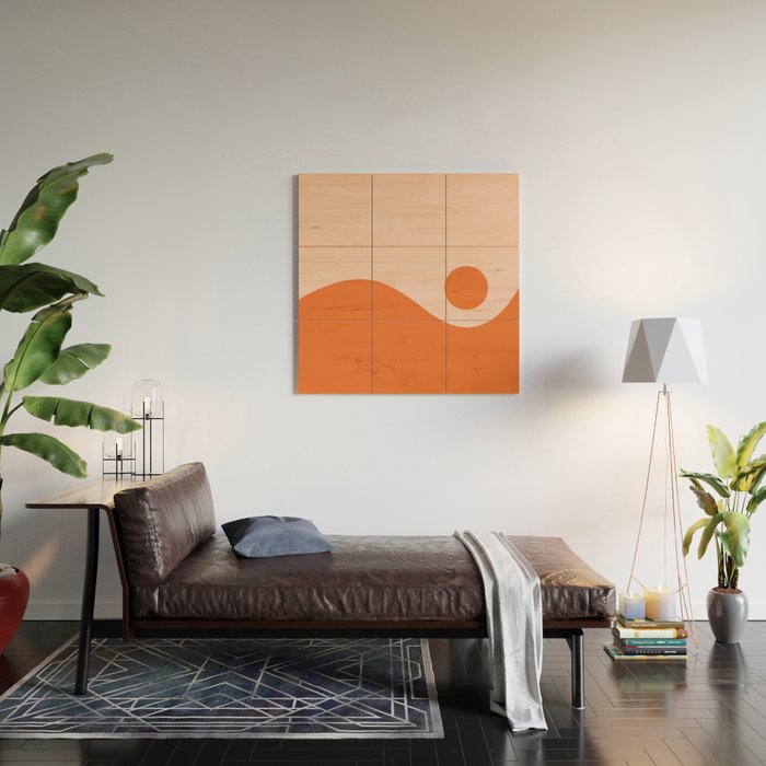 Nami Minimalist Wave and Sun Abstract in Pale Blush Pink and Orange Wood Wall Art Gallery Image 2